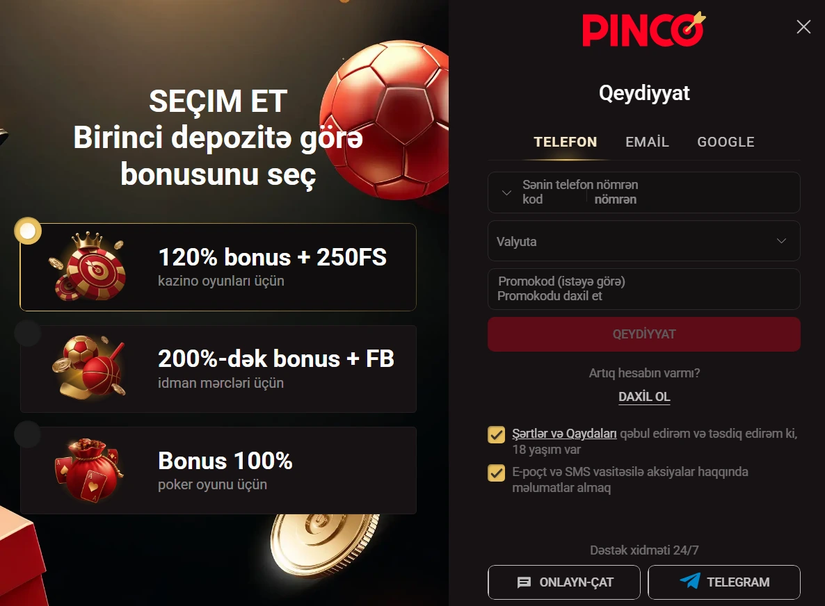 Pinco qeydiyyat Azərbaycan üçün casino hesabının yaradılması və giriş